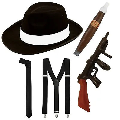 Black Al Capone Hat Braces Tie Cigar Tommy Gun Roaring Gangster Fancy Dress Set • £14.99