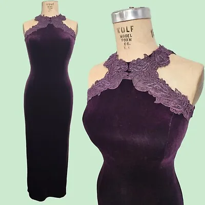 Vtg 80s Prom Dress S/M Velvet Purple Maxi Stretch Gunne Sax Jessica McClintock  • $64.99