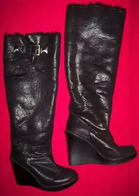 MICHAEL KORS BLACK  PLEATHER  TALL BOOTS W/WEDGE HEEL Sz 7? • $14.50