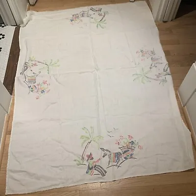 Vintage Cotton Table Cloth 1950s Mexican Palm Trees Donkeys Sombrero Retro 46x62 • $22