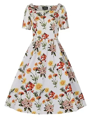 H&R London Swing Dress White Floral Sunflower Print Retro 50s Style Summer Hols • £59.74