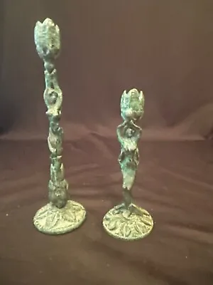 Pair Verdigris Fairy & Mermaid Skinny Metal Bronzed Patina Candle Holders • $22.95