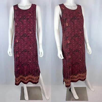 $36 • Buy Vintage 90s Amanda Smith Petite Medium 100% Silk Red Grunge Midi Slit Dress