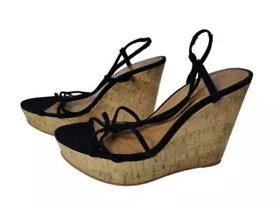 Womens H&m Uk 7 Eu 40 Black Strappy High Cork Wedge Heel Summer Party Sandals • £11.99