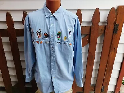 Vintage Warner Bros Looney Toons Embroidered Denim XL Mens Shirt FREE SHIPPING • $10.50