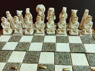 Vintage Mayan/Aztec Wooden Folding Chess Set Green/Cream Resin 16.75” • $140