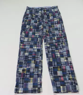 J.Crew Patch Work Pants Mens 33 Flat Front Chino Madras Plaid Blue • $24.80
