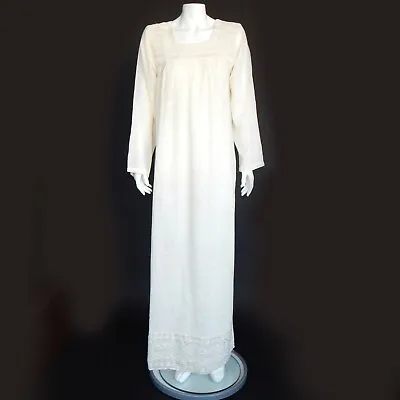Vintage Cotton Gauze Ivory Embroidered Maxi Dress Kaftan India Sz M/L /8123 • $99