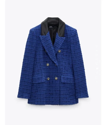 $54.89 • Buy ZARA WOMEN New Combination Faux Leather Textured Blazer SZ XS BLUE 2128/242