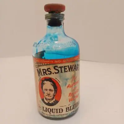 Vintage 1955 Mrs Stewarts Liquid Bluing Glass Bottle Paper Label Cork Stopper 6  • $5.95