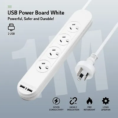 Power Board Surge Protection White 10A 240V 1M 4/6 Outlet 2 USB-A 2.4A SAA • $11.48