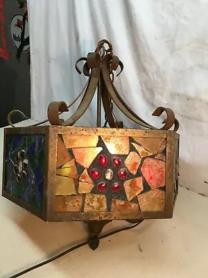 Vtg Retro Mid Century  Stained Glass Hanging Chain Light 6 Side Glass Shade Fixt • $229.50