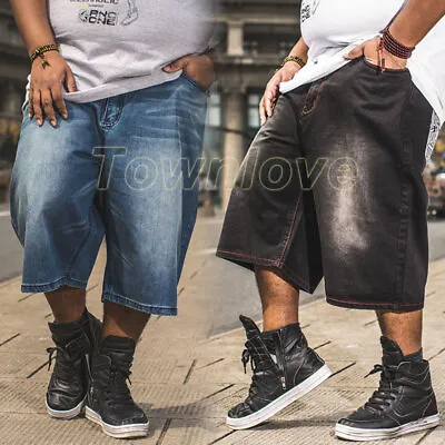 Men Baggy Jeans Shorts Loose Hip Hop Denim 3/4 Cargo Trouser Oversize Streetwear • $29.78