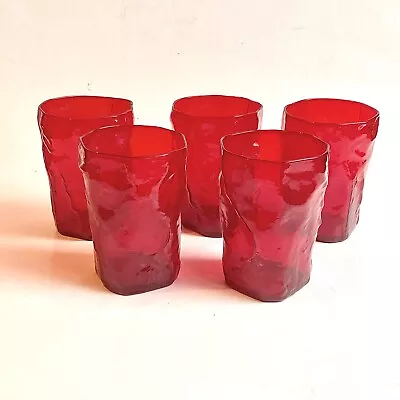 Morgantown Crinkle Glass Red Tumblers 5 Piece Flat 8oz 4” Seneca Driftwood • $37.99