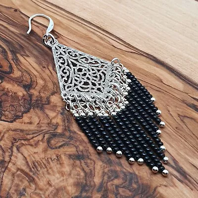 Long Chandelier Beaded Earrings Dangle Drop Boho Sterling Silver Hooks Handmade • £13.93