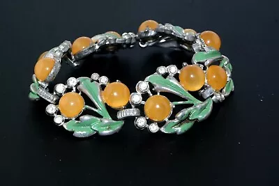 Vtg Orange Gripoix Glass Rhinestone Green Enamel Paint Floral Bracelet • $25