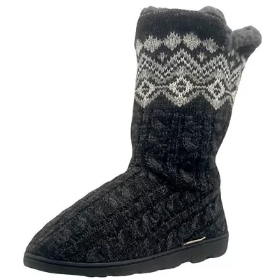 Muk Luks Charcoal Gray Cable Knit Fair Isle Trim Fur Lined Boots Size 9 • $17.50