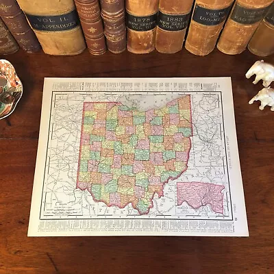 Large Original 1898 Antique Map OHIO Columbus Toledo Akron Dayton Parma Hamilton • $36