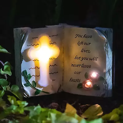 Bible-Shaped Memorial Stone Solar Cross Lights Outdoor For Garden Or Yard Lawns • $42.99