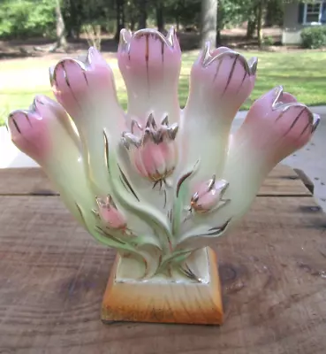 VTG Pottery 5 Finger Porcelain Vase Tulips Gold Accents • $44.99