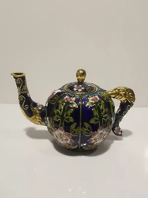 $12 • Buy Beautifull Mini Enamel Teapot Cobalt Blue Background W/ Flowers W/ Gold Edges