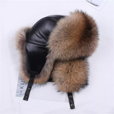 Winter Men's 100% Real Raccoon Fur Silver Fox Bomber Hat Ushanka Trapper Ski Cap • $49.99