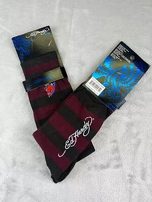 Ed Hardy Mens Size 10-13 Maron Striped Devil Mid Calf Dress Socks New With Tags • $17.99