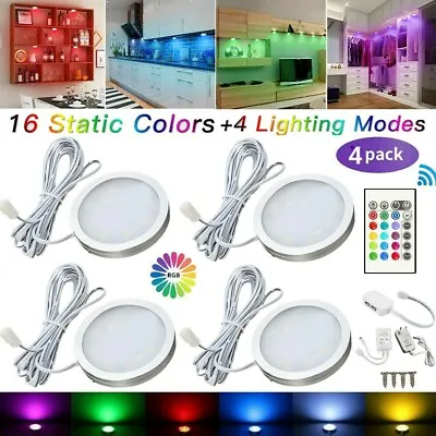 4X Under Cabinet Lights RGB LED Puck Lights Closet Cupboard Kitchen Lamp +Remote • £16.53