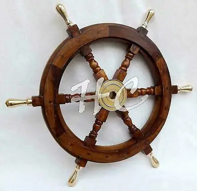  Handle 18  Wooden Helm Ship Wheel Boat Steering Vintage Antique Solid Brass  • $118.80