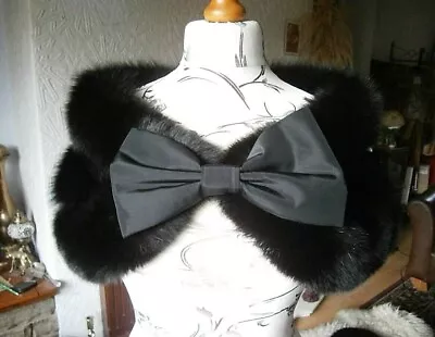 £275 • Buy Amazing Vtg JET BLACK Real Fox Fur 3 Layer DESIGNER MADE Stole With BOW, MINT!