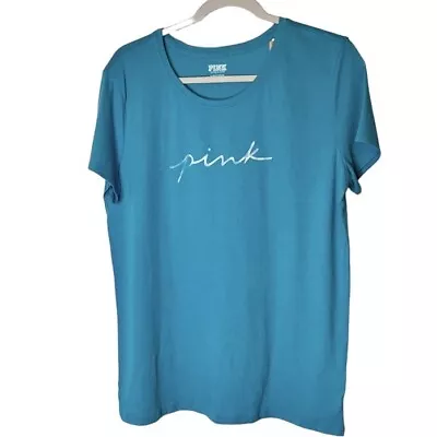 PINK Victoria's Secret Campus T Shirt Women Teal Green Script Logo Short Sleeve • $25.99