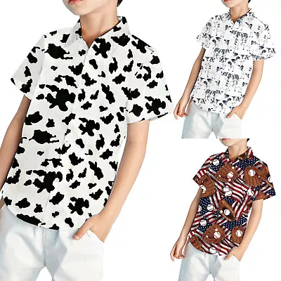 Casual Toddler Baby Boy Clothes Cow Print T Shirts Short Sleeve Button Down Top • £8.25