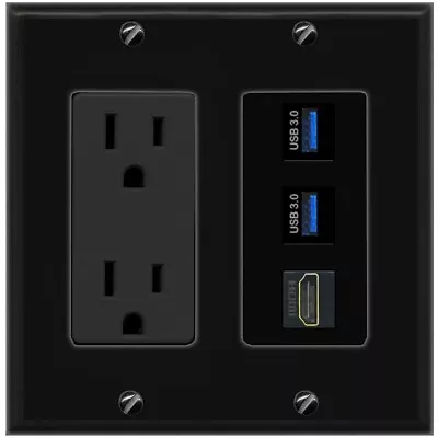 2 Port USB 3.0 A-A HDMI Wall Plate + Power Outlet [ BLACK ] • $17.80