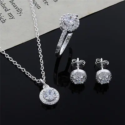 Fashion Women Lady Wedding 925 Silver Crystal Necklace Earring Ring Jewelry Set • $2.99