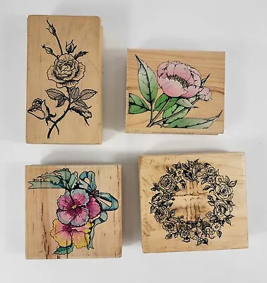 Vintage Large Floral Rubber Stamps Wood Block Set Of 4 Various Brands • $27.75