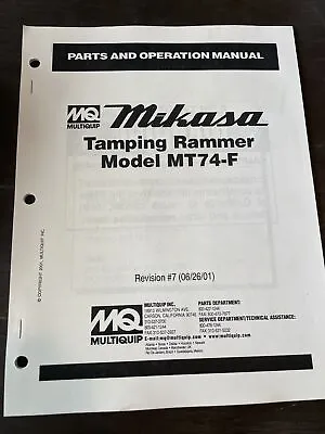 Mikasa Multiquip MT74F Tamping Rammer Jumping Jack Parts Operation Manual Book • $54.99