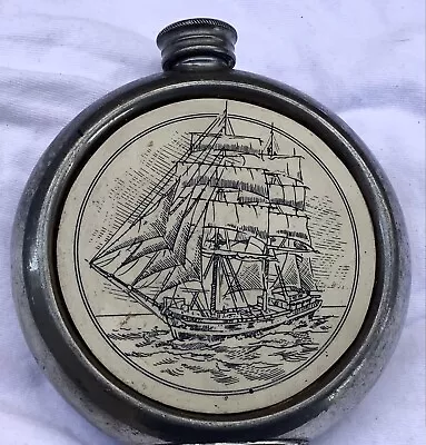 Vintage Pewter Flask  With Ship Motif Sheffield England • $39