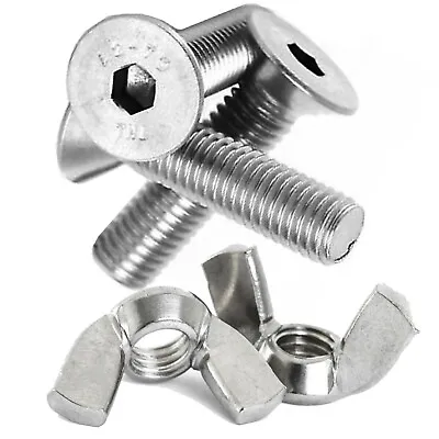 M3 A2 STAINLESS STEEL MACHINE SCREWS COUNTERSUNK BOLTS SOCKET BOLTS + Wing Nuts • £9.78