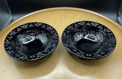 US Glass Co. Black Glass Footed Bowls Rose And Thorn Design 1930s Ohio Vintage • $16