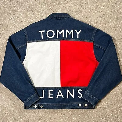 Vtg 90s Tommy Hilfiger Jeans Denim Jacket Size L Big Flag Aaliyah Hip Hop 24x26 • $147.96