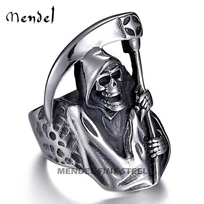 MENDEL Mens Biker Goth Death Skull Grim Reaper Ring Stainless Steel Size 8-15 • $11.99