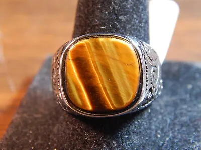 Men's Titanium-Steel Tiger Eye Ring With Etchings On The Sides Size 9 15 Gram • $19.88