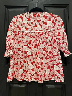 Vintage Smock Top Or Maternity Blouse Red Floral Print Puff Sleeve Ric Rac EVC • $23.99