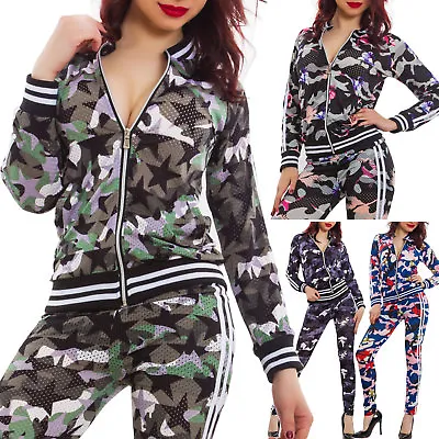 Woman Suit Set Fitness Sport Perforated Camouflage Jacket Zip Trousers K5606 • $24.38