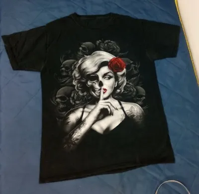 Sexy Marilyn Monroe Shhhh Skull Tattoos Roses Vintage Graphic T-Shirt M OBO  • $6