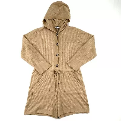 Zara Womens Brown Knit Button Up Hooded Long Sleeve Jumpsuit Size L Like New • $39.95