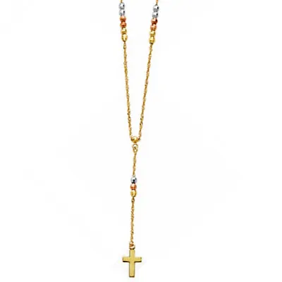 14K Tri Color Gold Cross Rosary Chain Necklace Rosario De Oro 2.5mm • $199.99