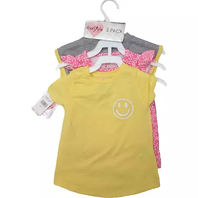 Freestyle Girls Sz 4 Smiley Face Shirt Lot 3pc Short Sleeve Yellow Pink Gray NWT • $20