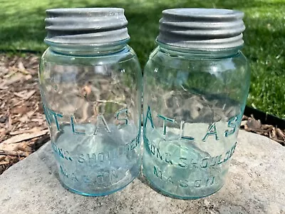 Vintage Atlas Strong Shoulder Blue Mason Canning Jars Quart Zinc Lid #5 Lot Of 2 • $19.99