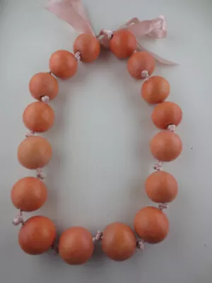 Vintage Knotted Washed Peach Wood Bead Peach Ribbon Tie Necklace • $6.99